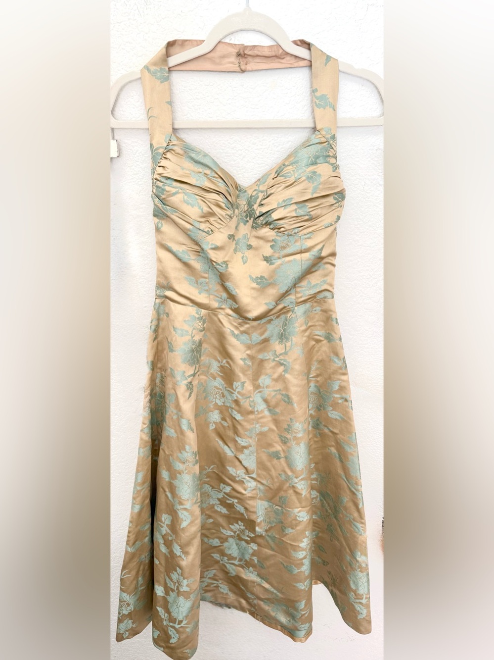 Vintage 60s Silk Damask Dress Ruched Halter Sweetheart Floral Gold Fit And Flare